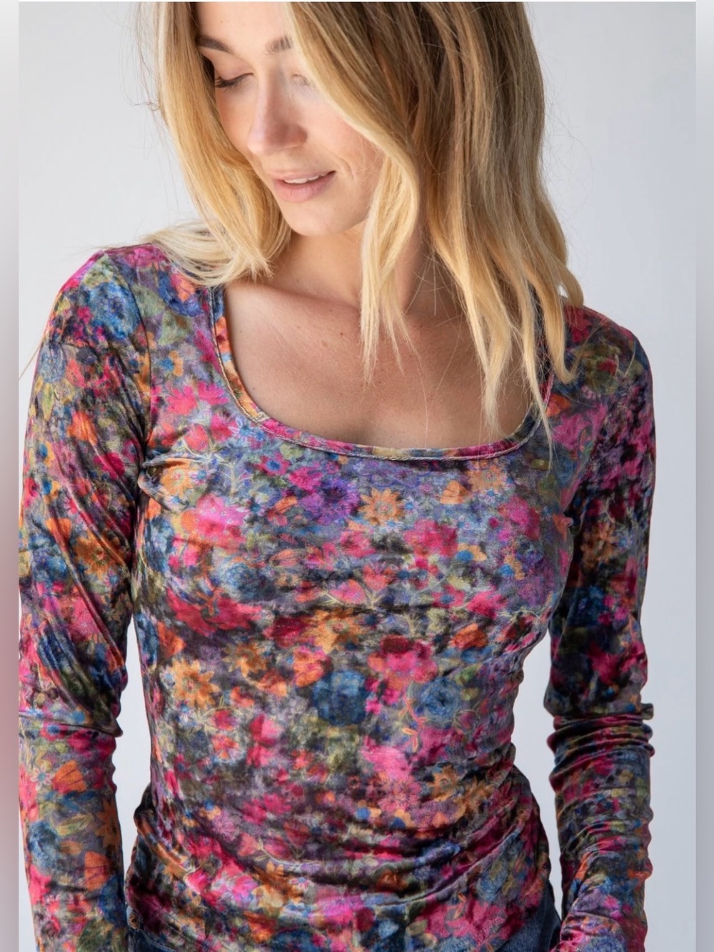 ✨ Natural Life Floral Velvet Square Neck Top Size Medium Boho Cottagecore Blouse